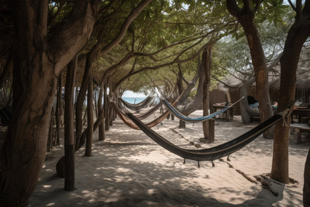 a row of hammocks with swings, all hanging in the shade, created with generative aiの素材