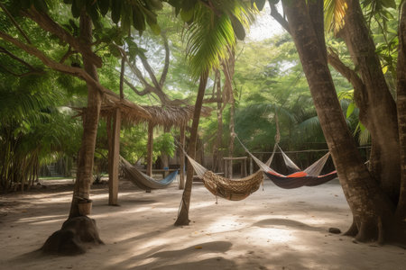 tropical scene with hammocks and swings hanging beneath shady trees, created with generative aiの素材