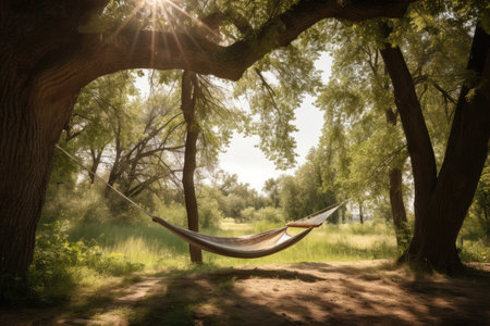 a hammock swing between two trees on a sunny day, created with generative aiの素材