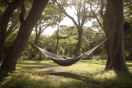 a hammock swing between two trees on a sunny day, created with generative aiの素材