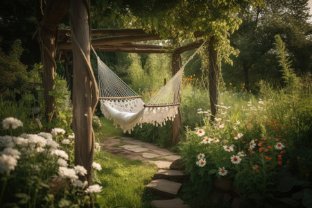 hammock swing in peaceful garden setting, with flowers and greenery, created with generative aiの素材