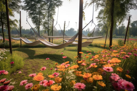 serene landscape with hammocks and swings suspended among blooming flowers, created with generative aiの素材