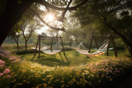 serene landscape with hammocks and swings suspended among blooming flowers, created with generative aiの素材