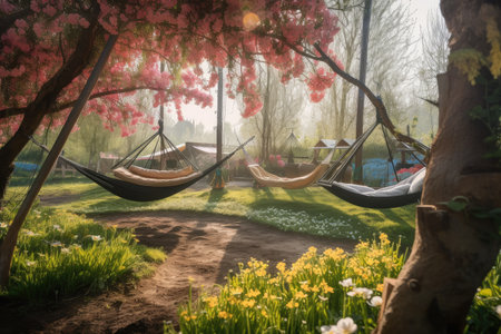 serene landscape with hammocks and swings suspended among blooming flowers, created with generative aiの素材