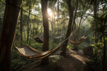 swinging hammocks set in the tranquil setting of a forest, with tree tops swaying in the breeze, created with generative aiの素材