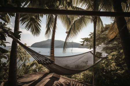 comfortable hammock with view of sea, surrounded by swaying palm trees, created with generative aiの素材