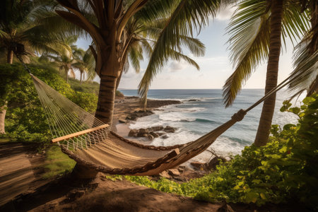 comfortable hammock with view of sea, surrounded by swaying palm trees, created with generative aiの素材