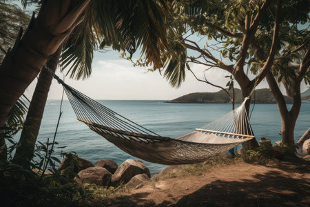 comfortable hammock with view of sea, surrounded by swaying palm trees, created with generative aiの素材
