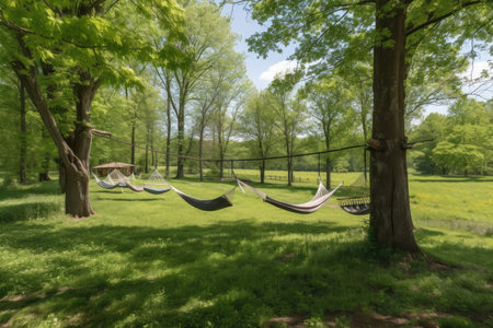 view of expansive meadow, with hammocks and swings hanging among the trees, created with generative aiの素材