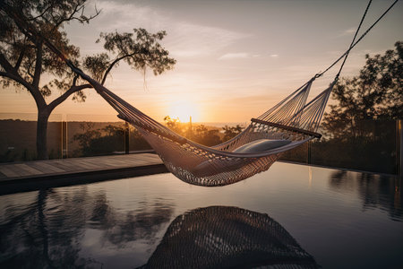 hammock swing hanging next to pool with view of the setting sun, created with generative aiの素材