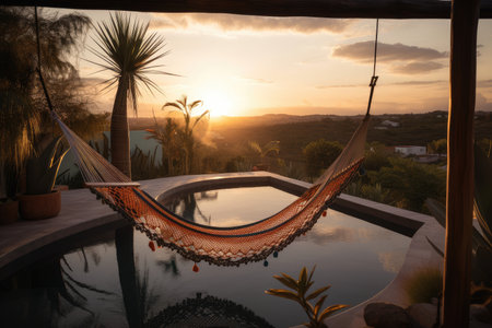 hammock swing hanging next to pool with view of the setting sun, created with generative aiの素材