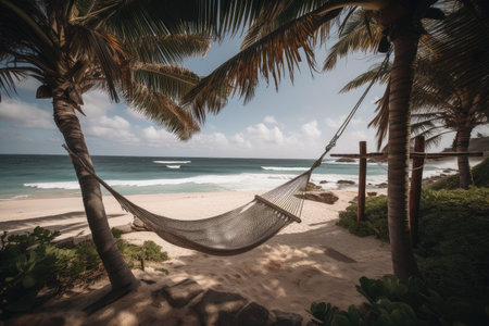 hammock swing with view of the beach, waves rolling in, created with generative aiの素材
