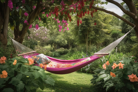 a hammock, swaying in the wind, surrounded by blooming flowers and green foliage, created with generative aiの素材