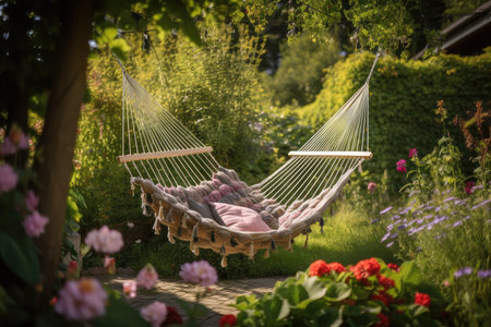 a hammock swing surrounded by blooming flowers and greenery, created with generative aiの素材