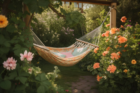 a hammock swing surrounded by blooming flowers and greenery, created with generative aiの素材