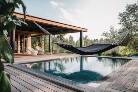 hammock swing floating above a swimming pool, with view of the pool house, created with generative aiの素材