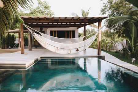 hammock swing floating above a swimming pool, with view of the pool house, created with generative aiの素材