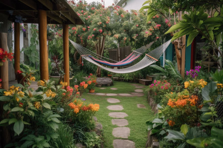 peaceful garden with hammocks and swings surrounded by colorful flowers, created with generative aiの素材