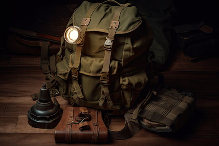 military backpack with a hanging flashlight and binoculars on the flap, created with generative aiの素材