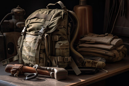 military backpack, strapped with rifle and other gear for long mission, created with generative aiの素材