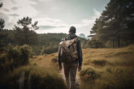 person, hiking through nature with backpack in view, created with generative aiの素材