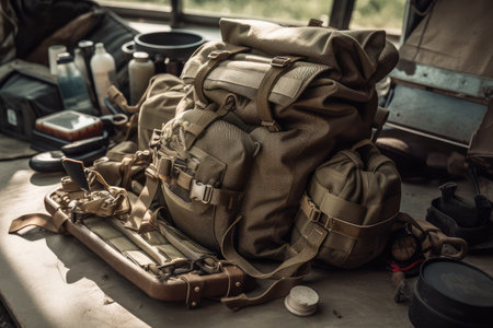 military backpack, filled with survival gear and provisions, created with generative aiの素材
