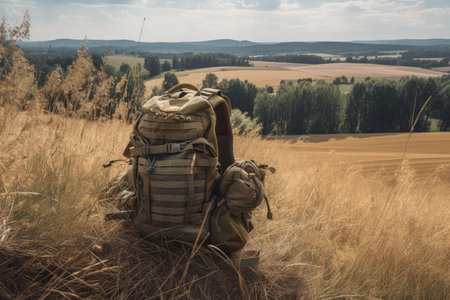 military backpack in field, with view of expansive landscape, created with generative aiの素材