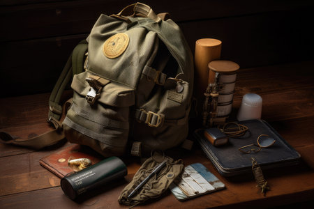military backpack with a dog tag, personal effects, and other items on front, created with generative aiの素材