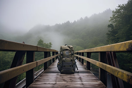 military backpack on bridge, surrounded by misty mountains and rolling hills, created with generative aiの素材
