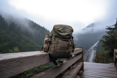 military backpack on bridge, surrounded by misty mountains and rolling hills, created with generative aiの素材