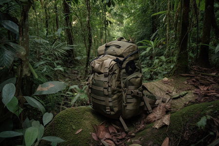 military backpack in the middle of jungle, surrounded by greenery and wildlife, created with generative aiの素材