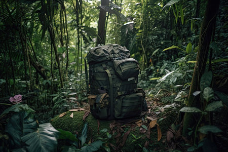 military backpack in the middle of jungle, surrounded by greenery and wildlife, created with generative aiの素材