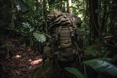 military backpack in the middle of jungle, surrounded by greenery and wildlife, created with generative aiの素材