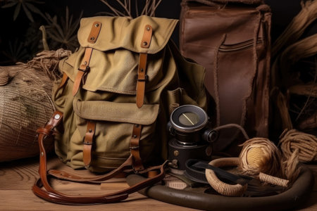 military backpack with rope, binoculars and other gear for hunting or scouting expedition, created with generative aiの素材