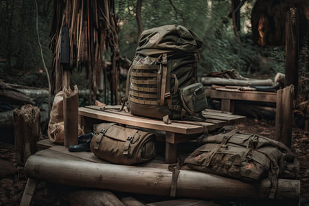 military backpack nestled among firewood and camping supplies, ready for a night under the stars, created with generative aiの素材