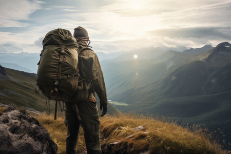person, packing military backpack for long journey, with view of vast and unexplored wilderness in the background, created with generative aiの素材