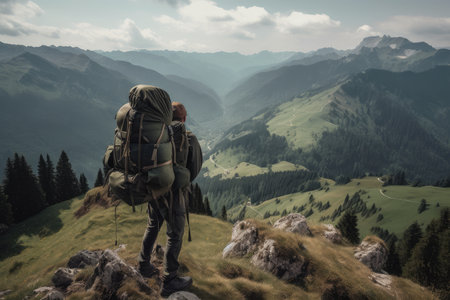 person, packing military backpack for long journey, with view of vast and unexplored wilderness in the background, created with generative aiの素材