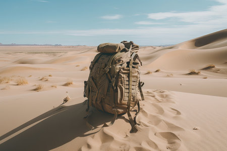 military backpack hanging in the middle of desert, surrounded by sand dunes, created with generative aiの素材