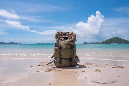 military backpack on sandy beach, with crystal-clear water and tropical view, created with generative aiの素材