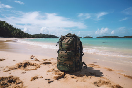 military backpack on sandy beach, with crystal-clear water and tropical view, created with generative aiの素材
