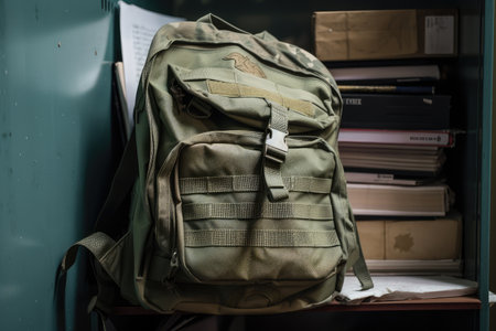 military backpack hanging from school locker, with textbooks and notebooks inside, created with generative aiの素材