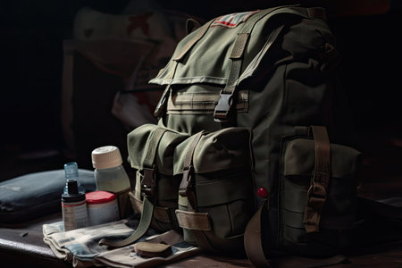 military backpack with bloodstained bandages and medical supplies inside, created with generative aiの素材