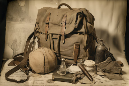 rucksack, filled with medical supplies and provisions, ready for evacuation of wounded soldier, created with generative aiの素材