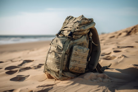 military backpack, lying on a sandy beach, created with generative aiの素材