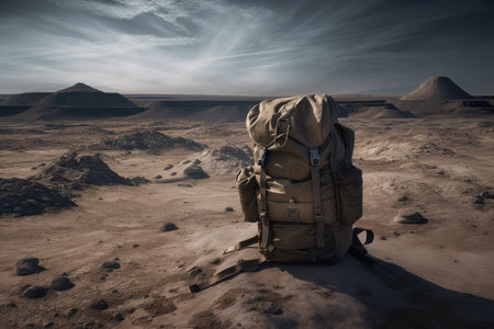 military backpack on the moon, surrounded by vast and desolate landscape, created with generative aiの素材