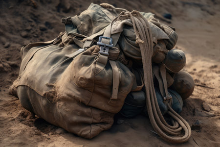 military bag, covered in dust and dirt, with a rifle slung over the shoulder, created with generative aiの素材
