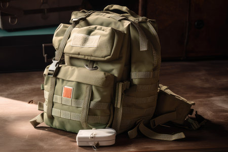 military backpack with medical supplies, ready for emergency care, created with generative aiの素材