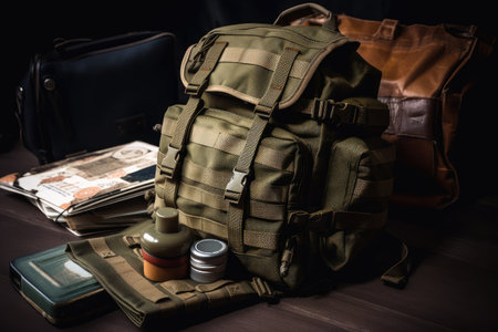 military backpack with medical supplies, ready for emergency care, created with generative aiの素材