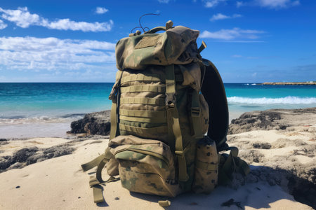 military backpack on beach, with view of the ocean and clear blue skies, created with generative aiの素材