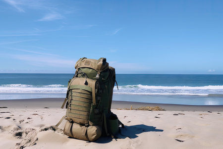 military backpack on beach, with view of the ocean and clear blue skies, created with generative aiの素材